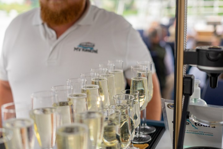 a person sitting at a table with wine glasses