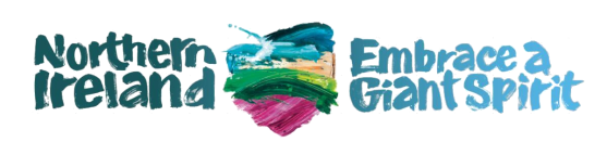 Northern Ireland logo with colorful paint strokes and 'Embrace a Giant Spirit' text.